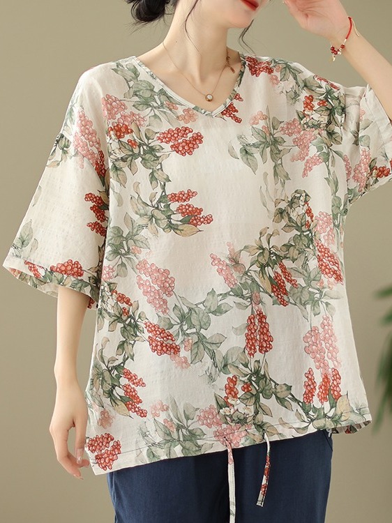여름 루즈핏 면 린넨 프린트 티셔츠 라지 사이즈 여성용 - Short Linen Drawstring 리뷰 및 가격