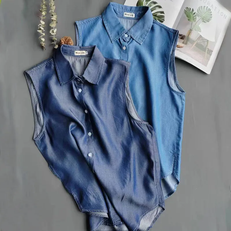 여성용 블루 민소매 데님 셔츠 칼라 버튼 프론트 캐주얼 - Shirt Camp Collar 리뷰 및 가격