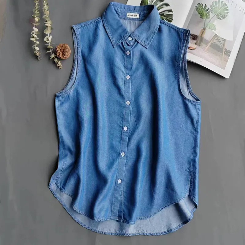 여성용 블루 민소매 데님 셔츠 칼라 버튼 프론트 캐주얼 - Shirt Camp Collar 리뷰 및 가격